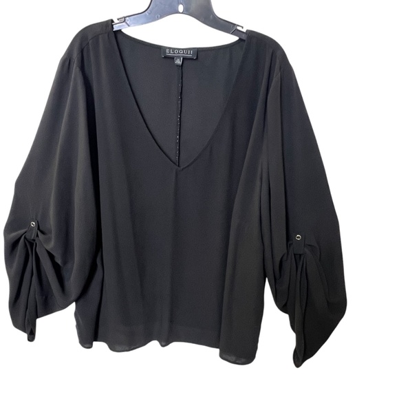Eloquii Black Sheer Top Pull Up Snap Button Sleeves - Picture 8 of 13